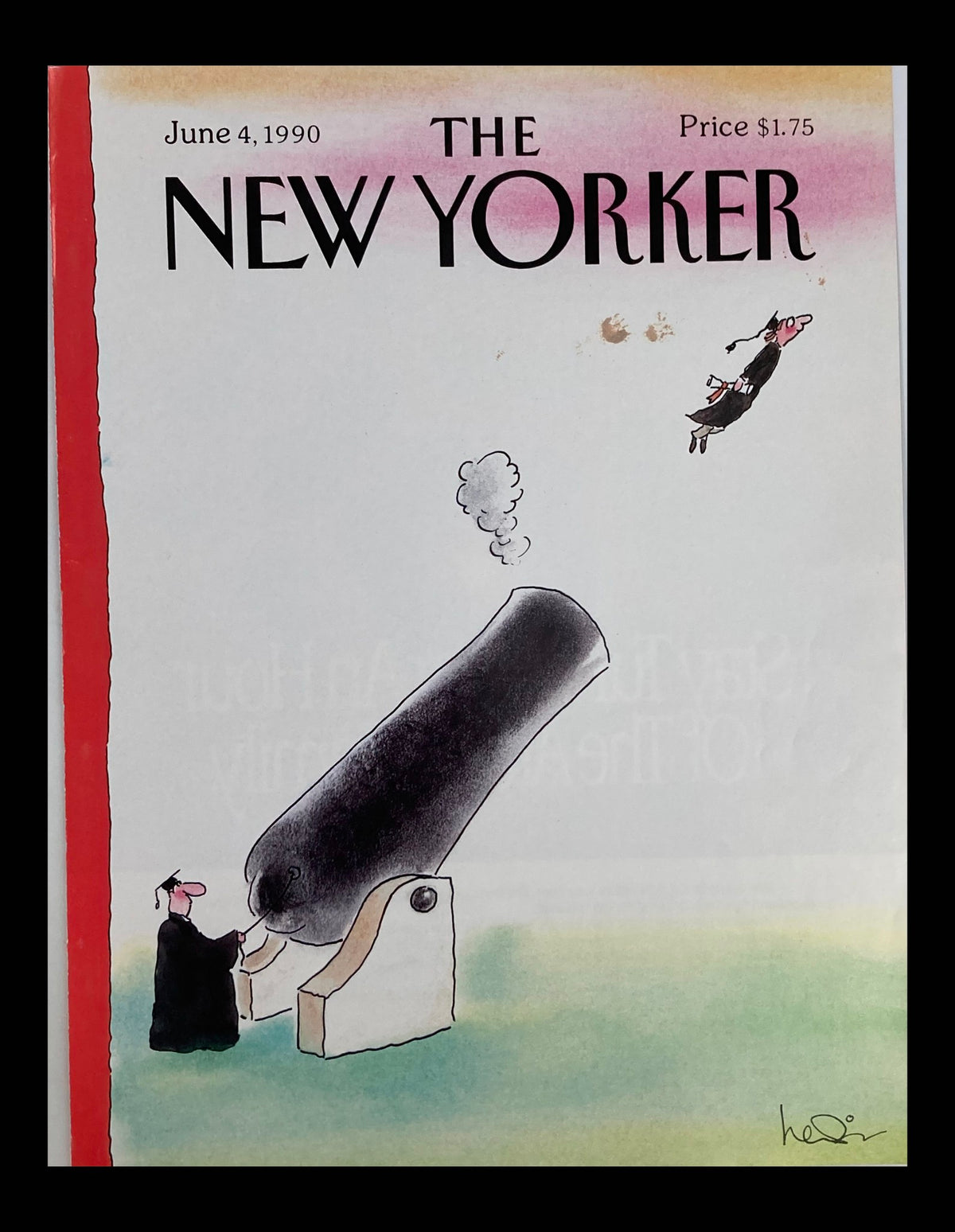 The New Yorker June 4 1990 Graduate with Cannon cover featuring a whimsical illustration by Arnie Levin, depicting a graduate interacting with a large cannon.