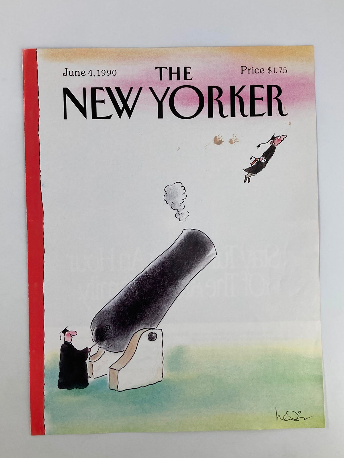 Close-up of The New Yorker June 4 1990 Graduate with Cannon cover, showcasing the title and artwork by Arnie Levin with a humorous depiction of a graduate and a cannon.