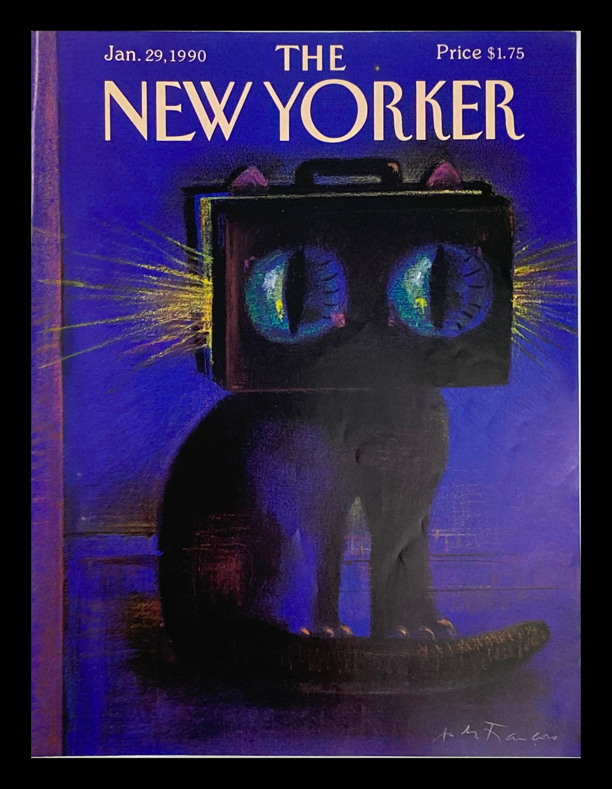 COVER ONLY The New Yorker January 29 1990 Cat Head Briefcase by Andre Francois, featuring a whimsical illustration of a cat with a briefcase for a head and bright eyes on a striking blue background.