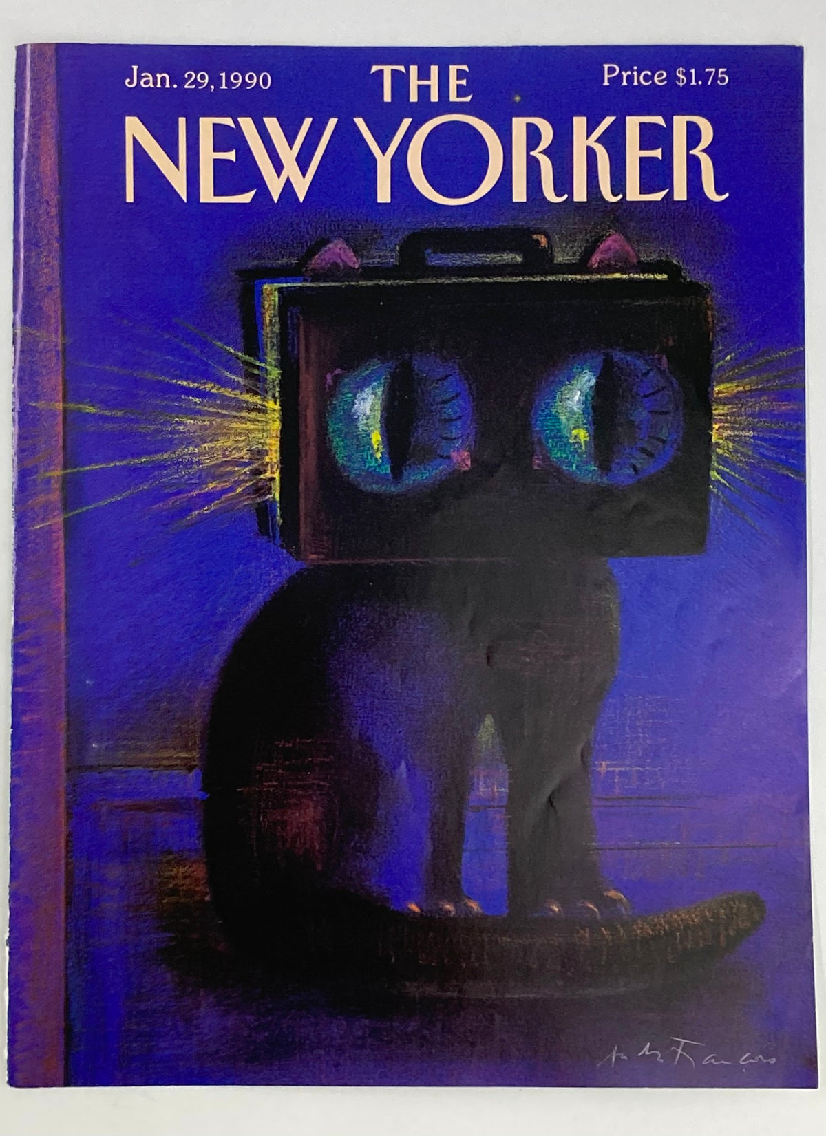 COVER ONLY The New Yorker January 29 1990 Cat Head Briefcase by Andre Francois, showcasing a playful design of a cat with a briefcase head, highlighted by bold blue hues and captivating eyes.