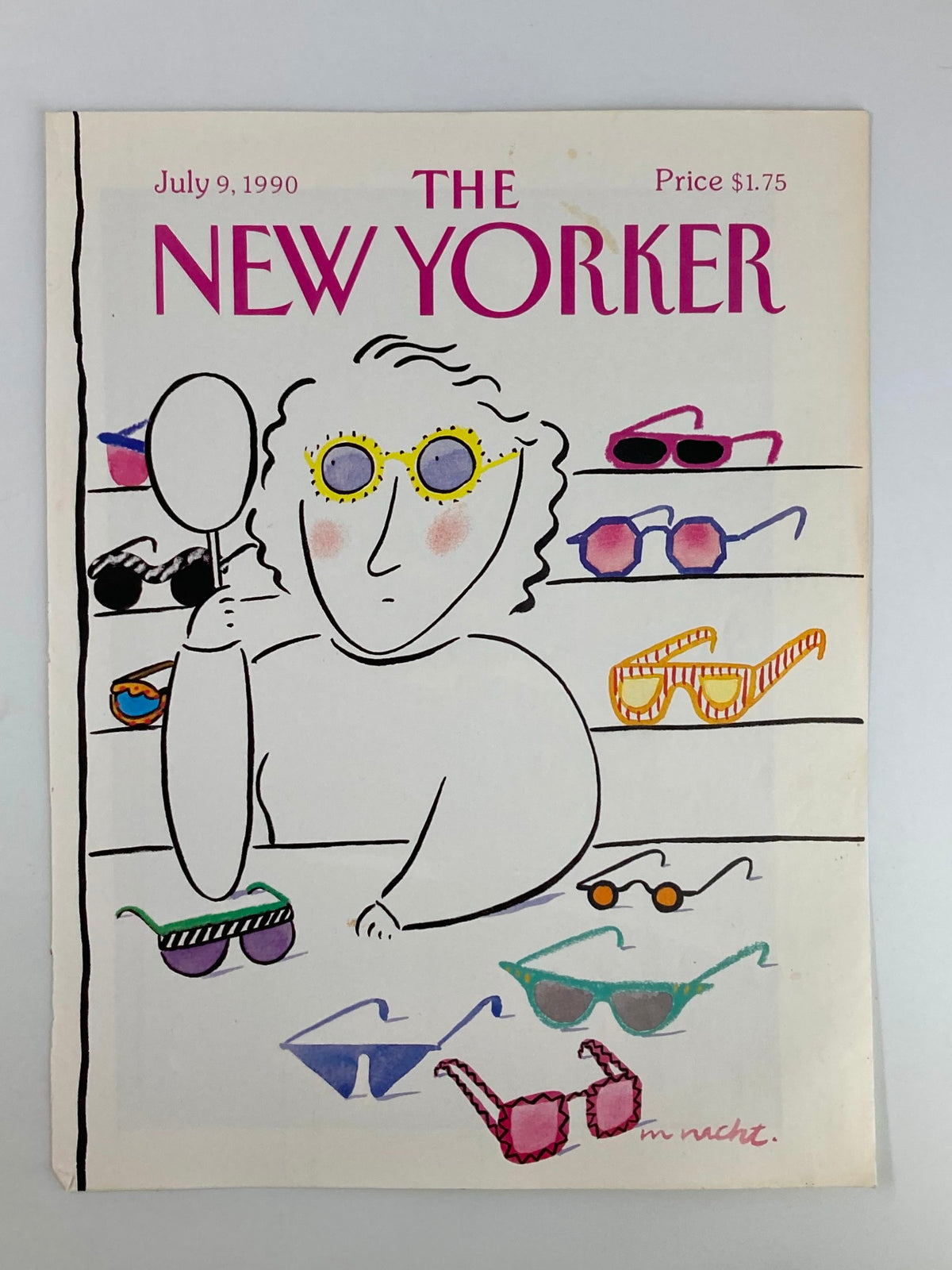 COVER ONLY The New Yorker July 9 1990 Different Shades by Merlc Nacht showcasing a vibrant design of a person trying on sunglasses with various styles in the background.