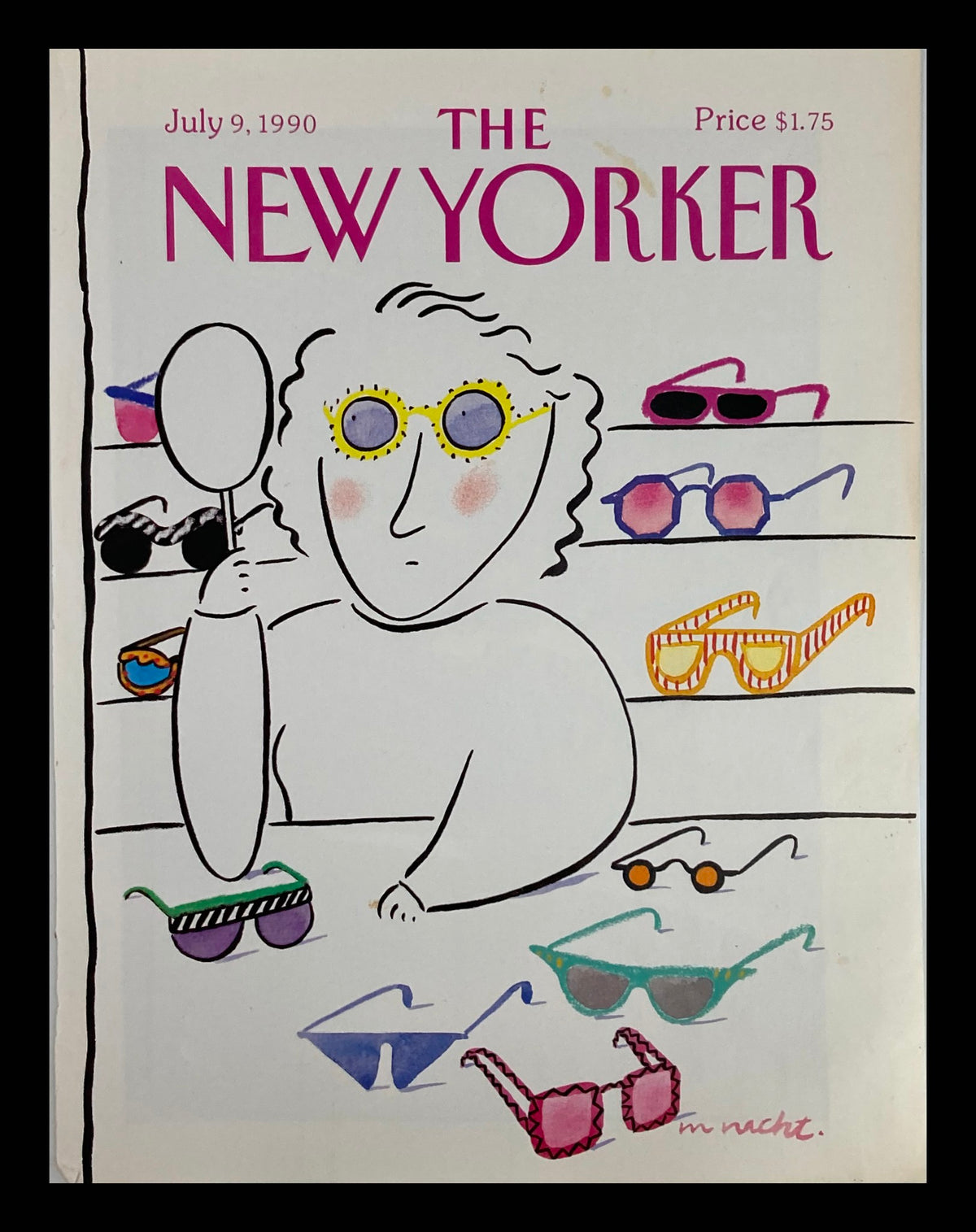 COVER ONLY The New Yorker July 9 1990 Different Shades by Merlc Nacht featuring a unique illustration of a person with sunglasses surrounded by colorful eyewear.