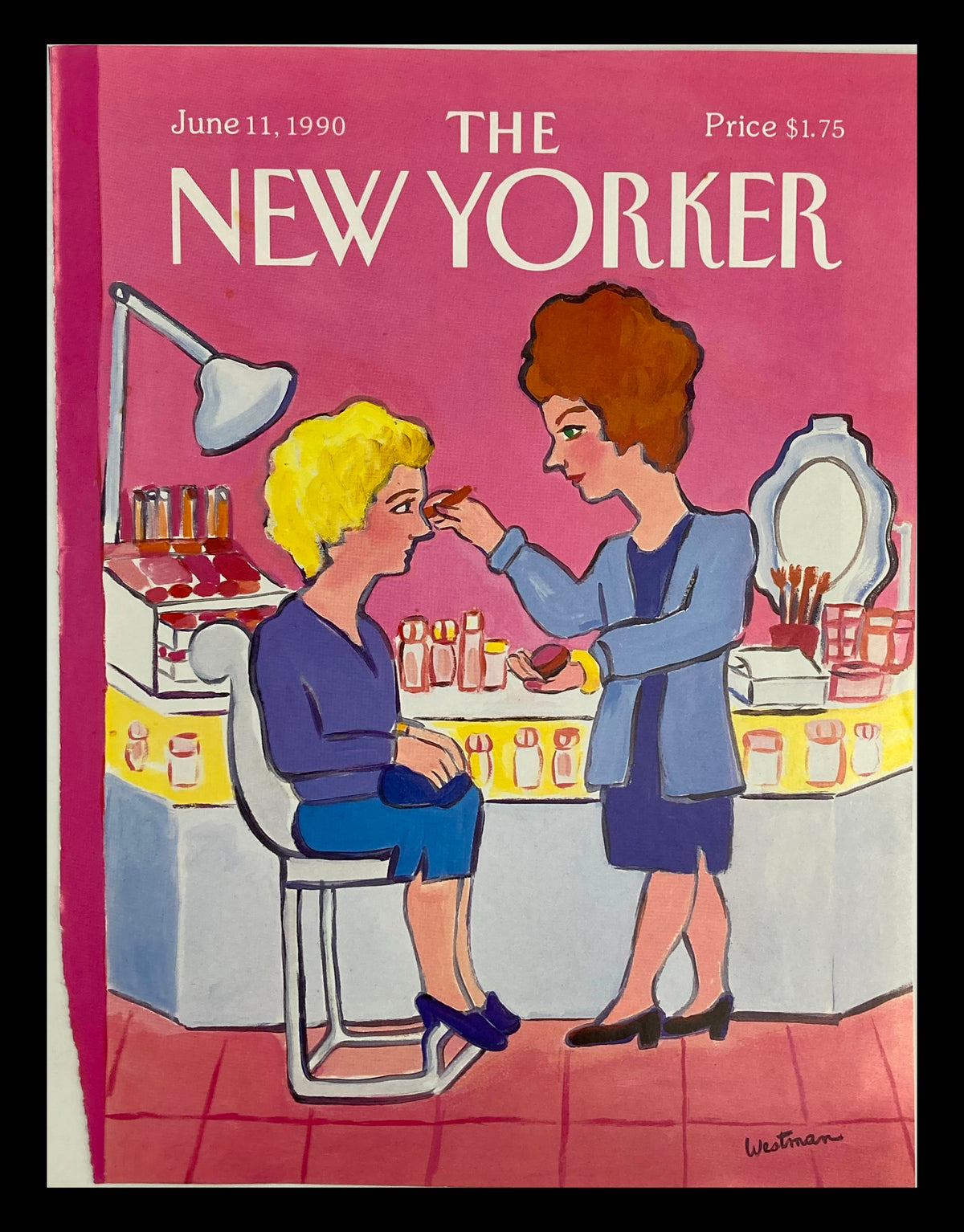 COVER ONLY The New Yorker June 11, 1990 featuring a colorful illustration of a make-up counter by Barbara Westman, showcasing a makeup artist working on a client with various cosmetics displayed in the background.