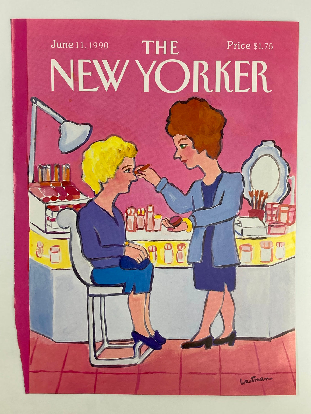 COVER ONLY The New Yorker June 11, 1990 with a vibrant artwork by Barbara Westman showing a blonde woman being made up at a beauty counter, capturing the essence of the 1990s aesthetic.