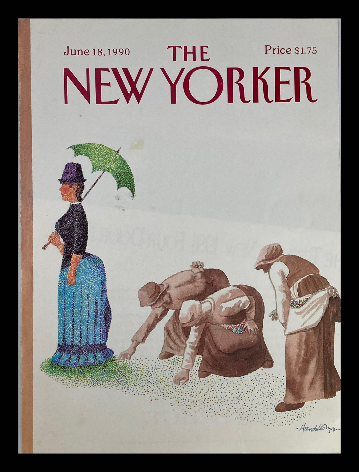 Cover of The New Yorker from June 18, 1990, featuring the artwork 'Lady Leaving Trails' by J.B. Handelsman. The cover illustrates a woman with an umbrella and workers gathering colorful seeds.