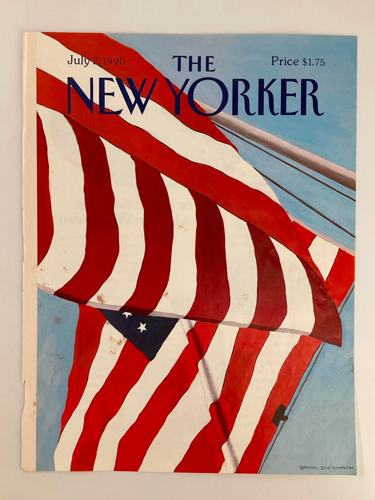 Cover of The New Yorker July 2 1990, highlighting the American flag illustrated by Gretchen Dow Simpson with bold colors and design.