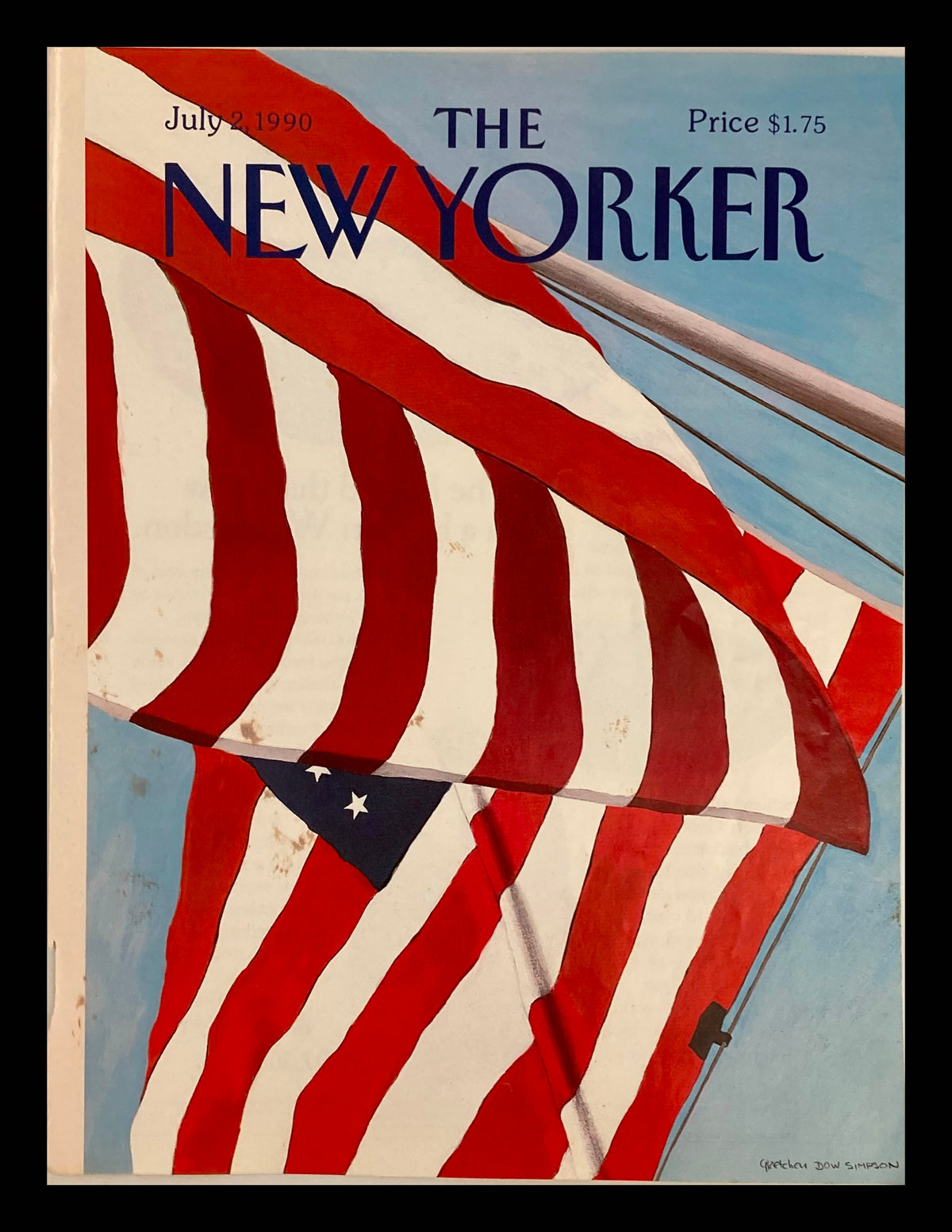 Cover only of The New Yorker July 2 1990, featuring the U.S. flag by Gretchen Dow Simpson, showcasing vibrant red and white stripes against a blue sky.