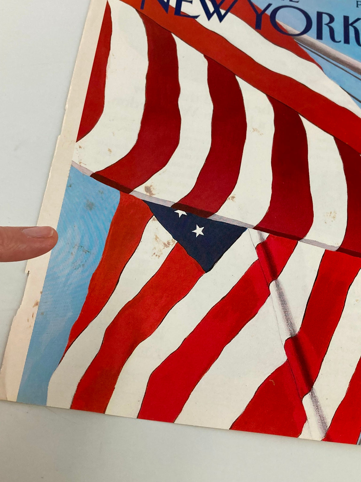 Close-up view of The New Yorker July 2 1990 cover, displaying the U.S. flag artwork by Gretchen Dow Simpson, emphasizing details of the red stripes and blue background.