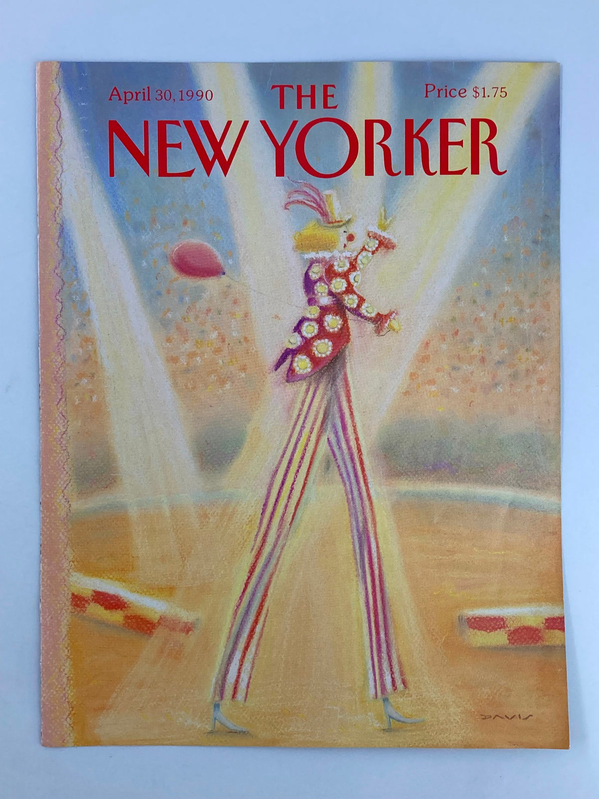 COVER ONLY The New Yorker April 30 1990 Circus Clown by Susan Davis showcasing a playful clown in a dynamic circus setting, ideal for vintage magazine enthusiasts and art collectors.