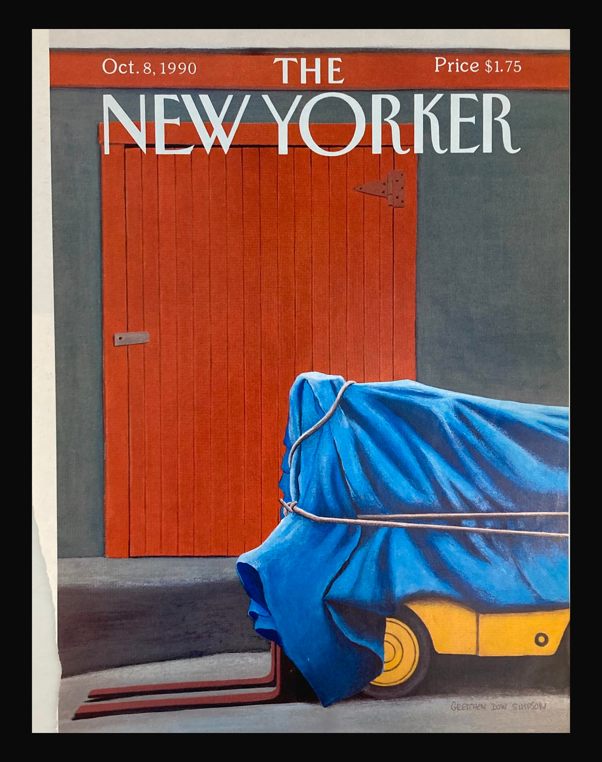 The New Yorker Cover October 8, 1990: A Forklift by Gretchen Dow Simpson, featuring a vibrant orange door and a blue tarp-covered forklift, showcasing the art style of the renowned magazine.