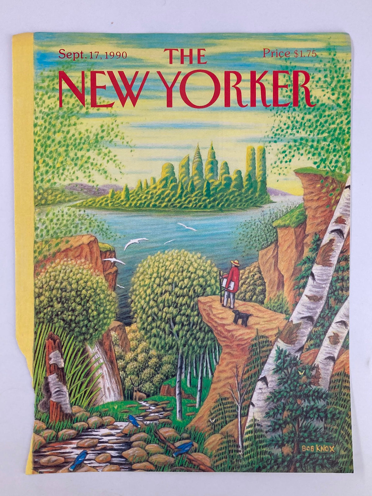 Cover of The New Yorker, September 17, 1990, showcasing 'Painting Paradise' by Bob Knox. The colorful artwork presents a peaceful scene of nature with a person overlooking a river surrounded by lush greenery.