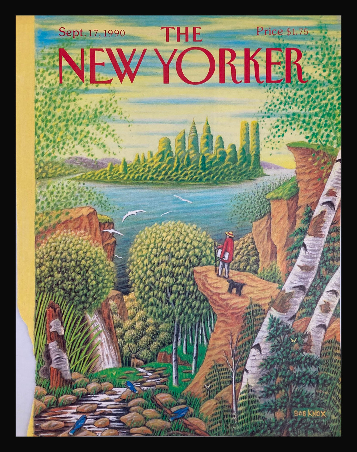 Cover of The New Yorker, September 17, 1990, featuring the painting 'Painting Paradise' by Bob Knox. The illustration depicts a serene landscape with a figure standing on a rocky outcrop, surrounded by trees and a flowing stream.