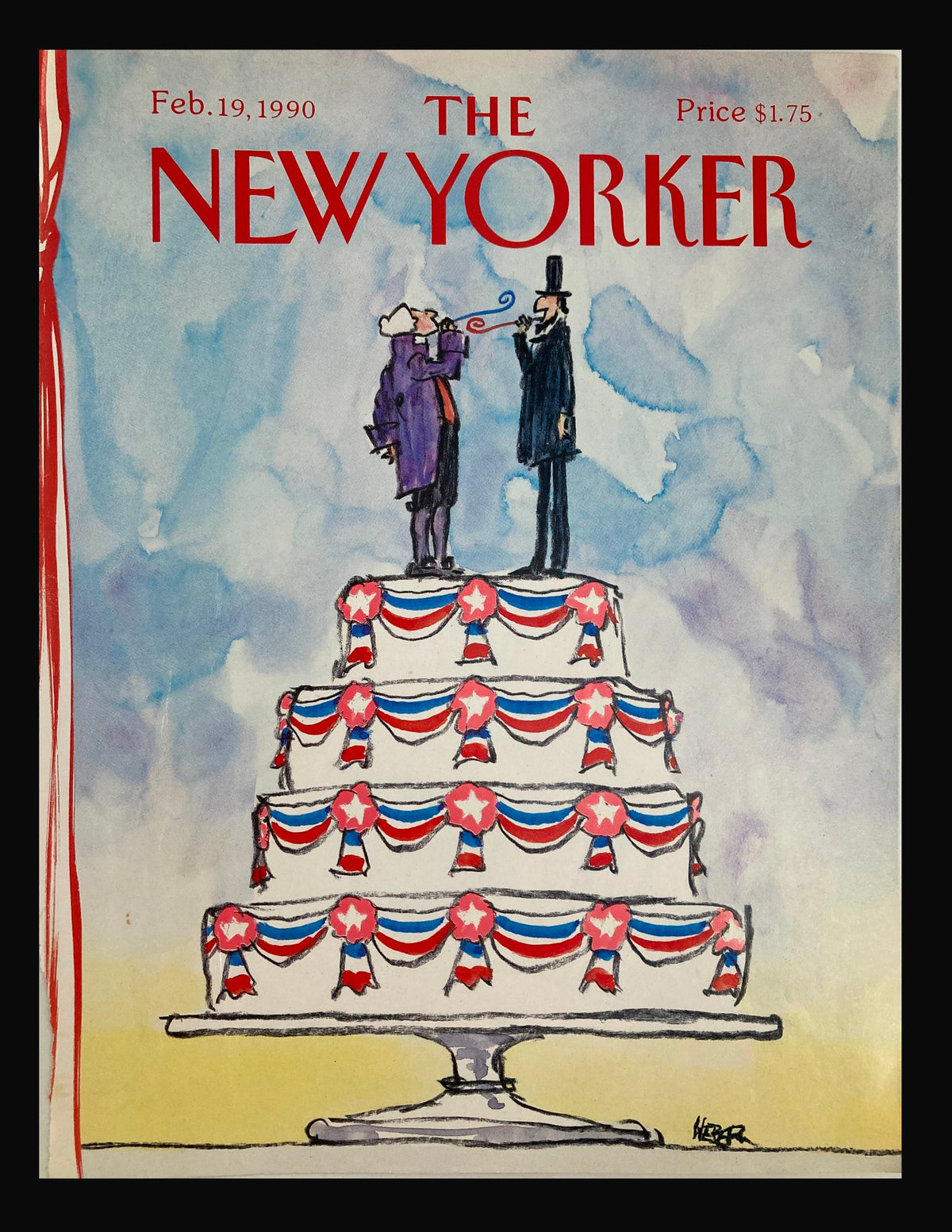 Cover of The New Yorker February 19, 1990 featuring "Independence Cake" by Robert Weber, depicting a whimsical cake adorned with red, white, and blue decorations and two figures standing on top.