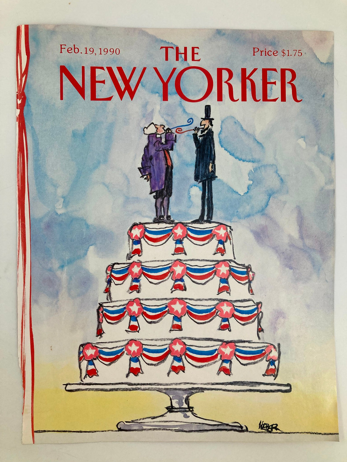 The New Yorker cover from February 19, 1990, showcasing Robert Weber's "Independence Cake" illustration with a decorative cake and characters celebrating.