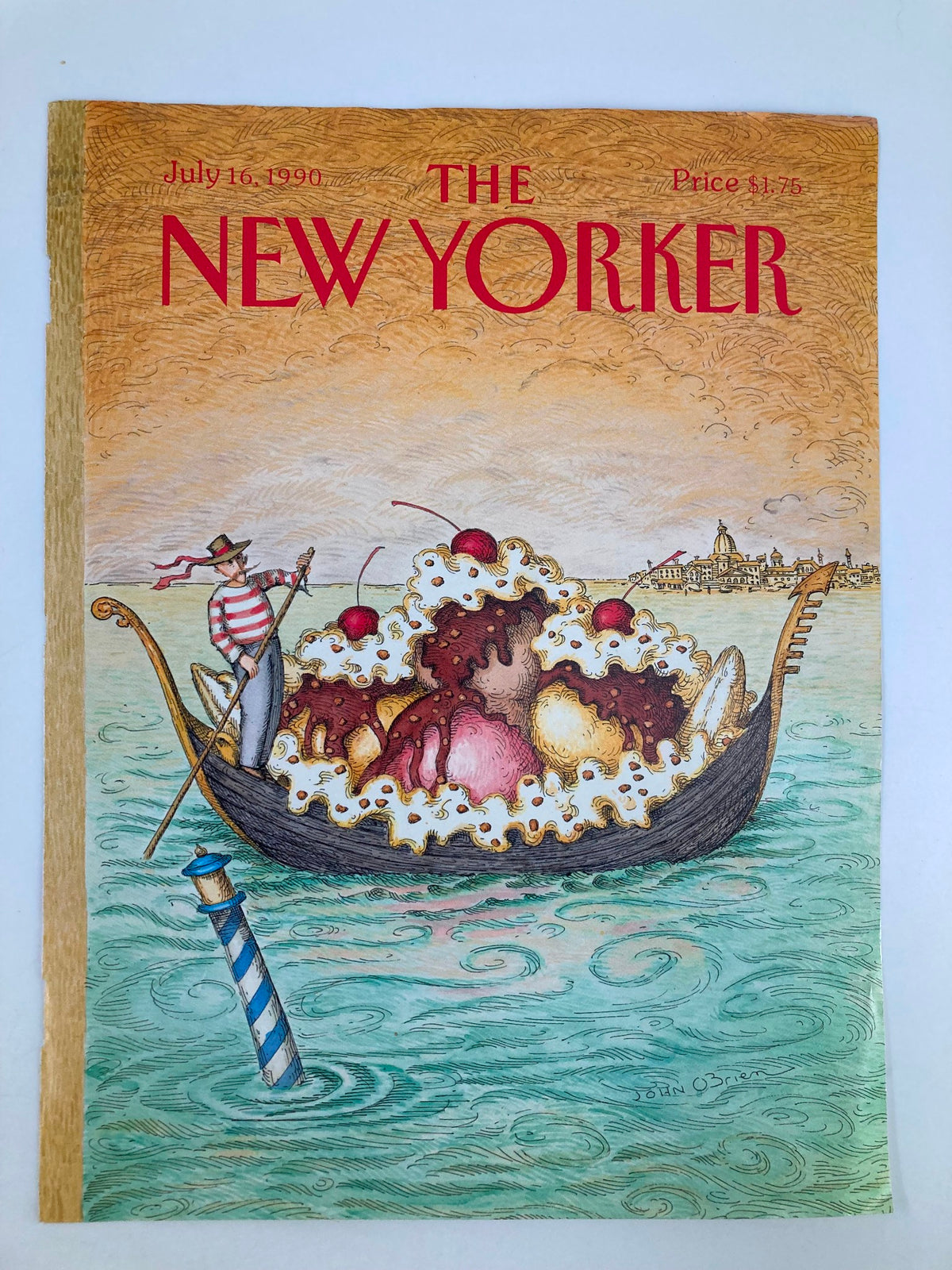 The New Yorker magazine cover dated July 16, 1990, designed by John O'Brien, depicting a Sundae Boat on a serene water backdrop with cherries and delightful toppings.