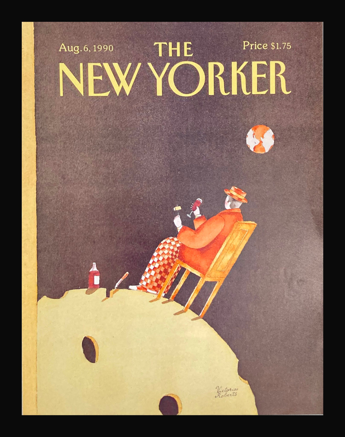 Cover of The New Yorker August 6 1990 illustrating a whimsical man seated on the moon, created by Victoria Roberts.