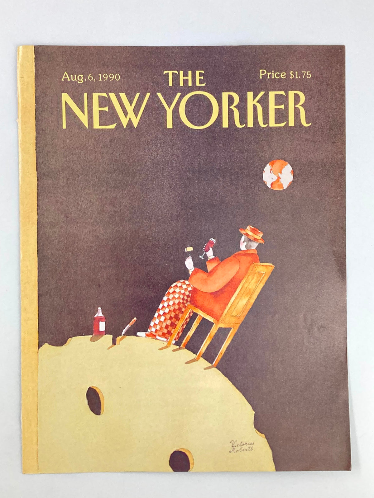 The New Yorker August 6 1990 cover featuring an artistic depiction of a man relaxing on the moon, illustrated by Victoria Roberts.