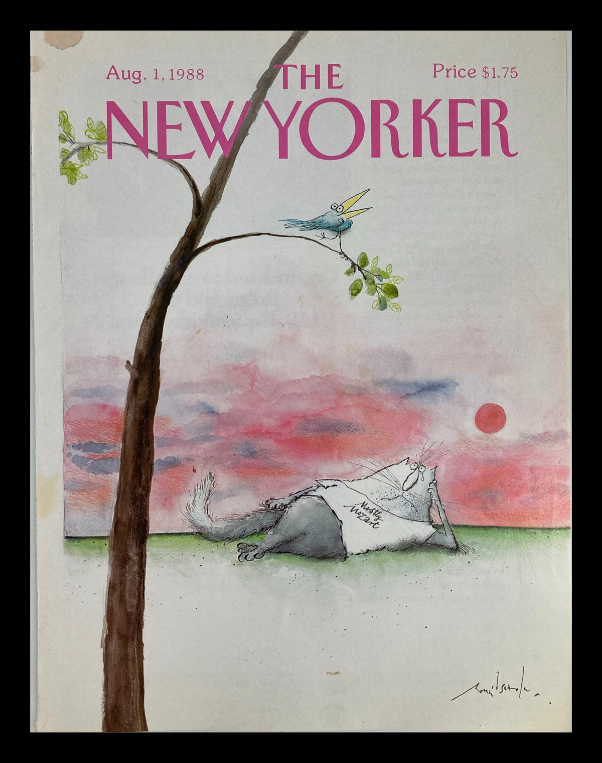 The New Yorker cover titled 'Cat Mozart Bird' by Ronald Searle, featuring a whimsical illustration of a cat lounging under a tree with a bird perched nearby, dated August 1, 1988.