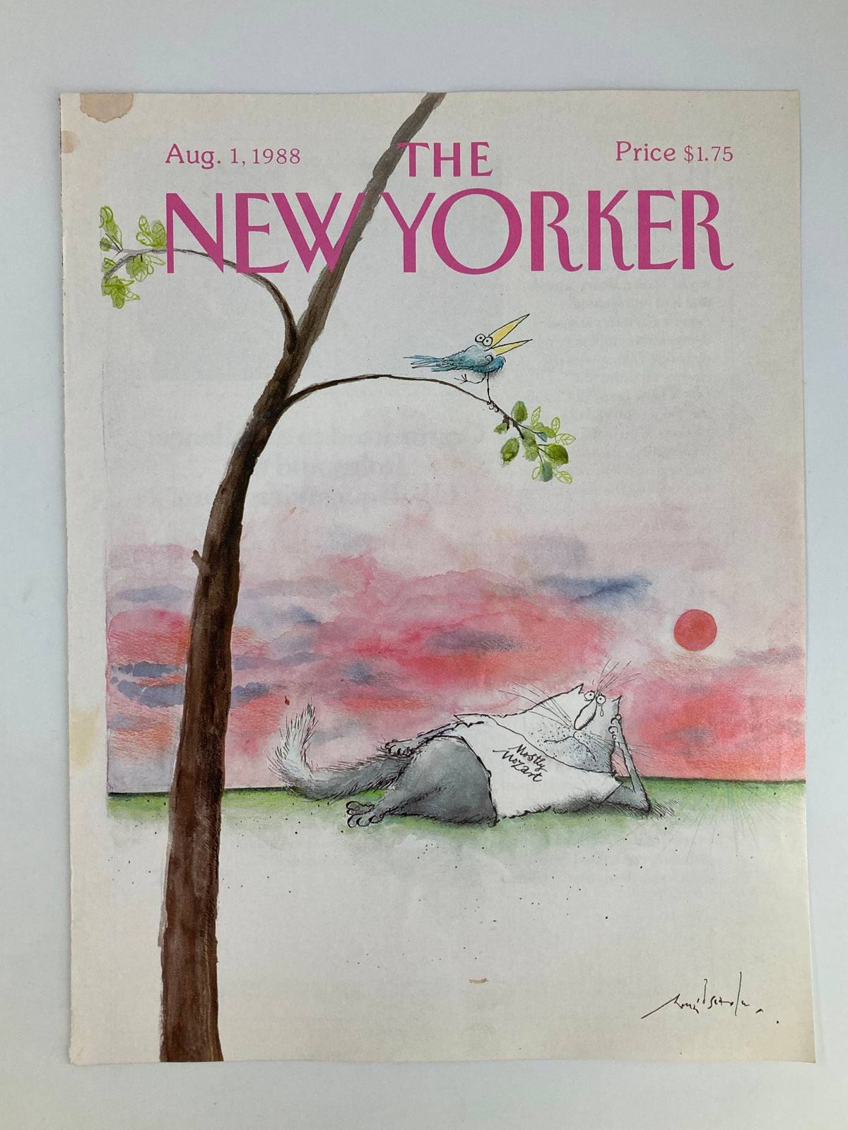 Cover of The New Yorker dated August 1, 1988, featuring an illustration titled 'Cat Mozart Bird' by Ronald Searle, showcasing a whimsical cat and bird with a sunset background.