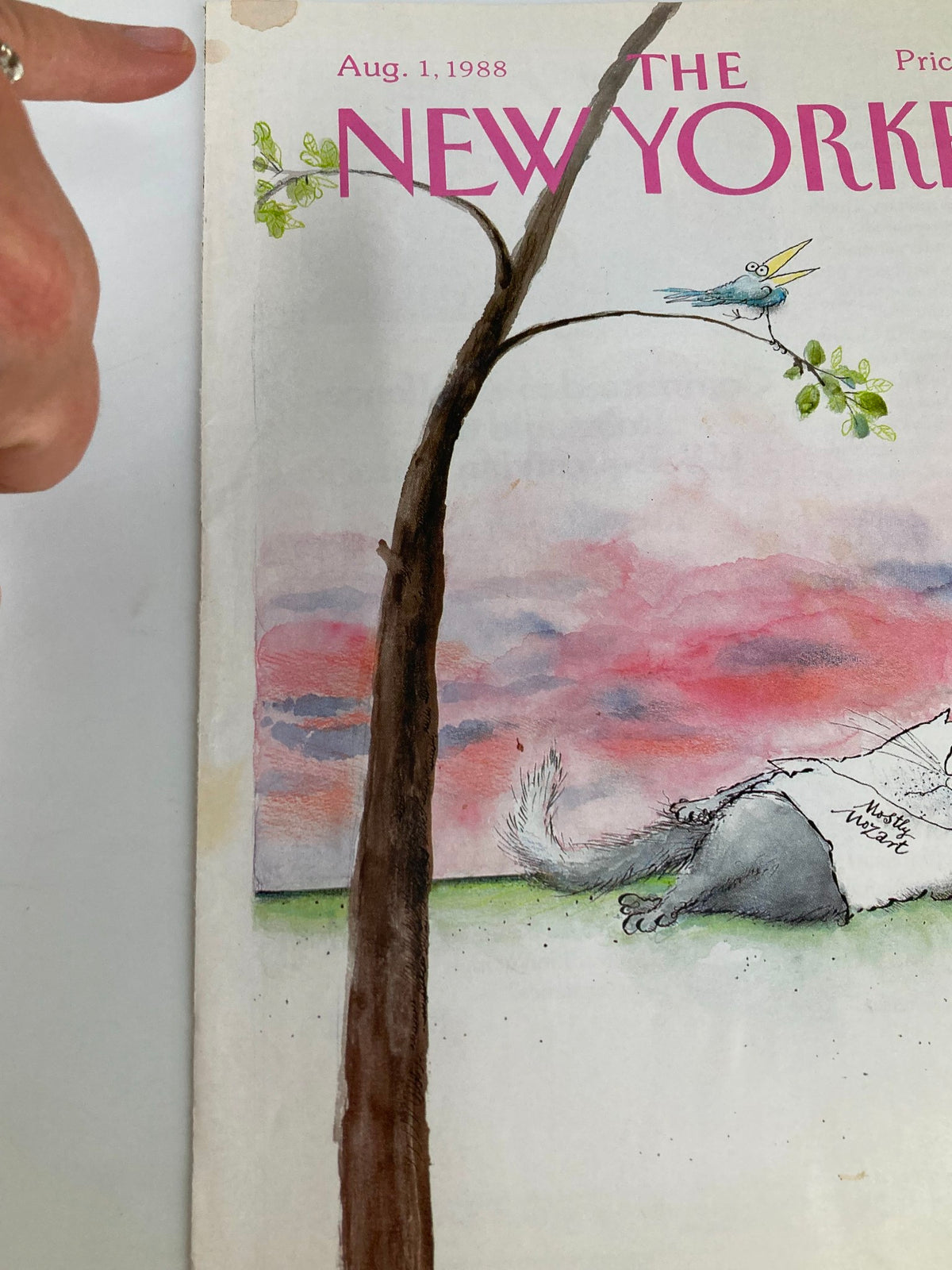 Close-up of The New Yorker cover dated August 1, 1988, highlighting the details of the 'Cat Mozart Bird' illustration by Ronald Searle, with a focus on the tree and bird in the scene.