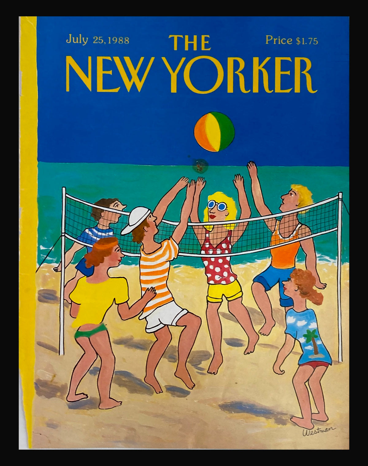 The New Yorker July 25 1988 Beach Volleyball cover illustration by Barbara Westman featuring a colorful scene of people playing beach volleyball.