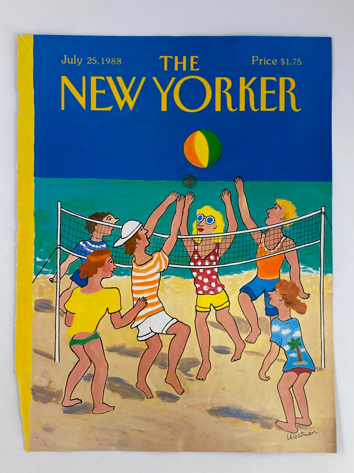 The New Yorker July 25 1988 Beach Volleyball cover art by Barbara Westman showcasing a lively beach volleyball game with friends.