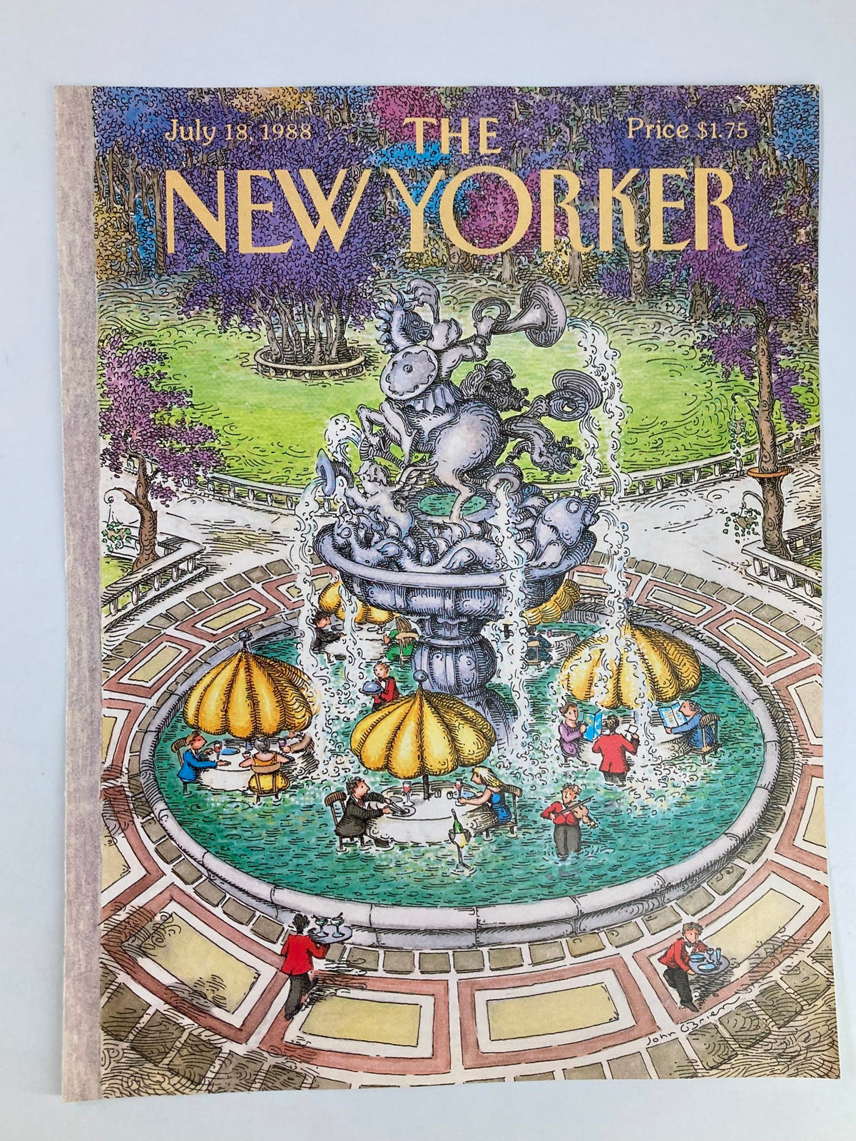 Cover of The New Yorker July 18 1988 showcasing 'Restaurant of Fountain' by John O'Brien, illustrating a vibrant outdoor dining experience around a decorative fountain.