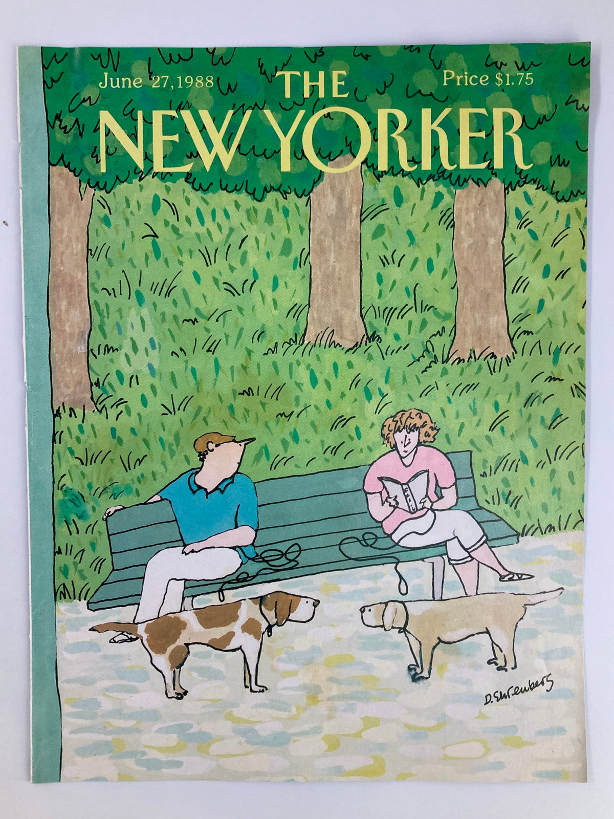 Cover image of The New Yorker from June 27 1988, titled 'Meet at the Park' by Devera Ehrenberg, depicting a serene park scene with two individuals and their dogs.