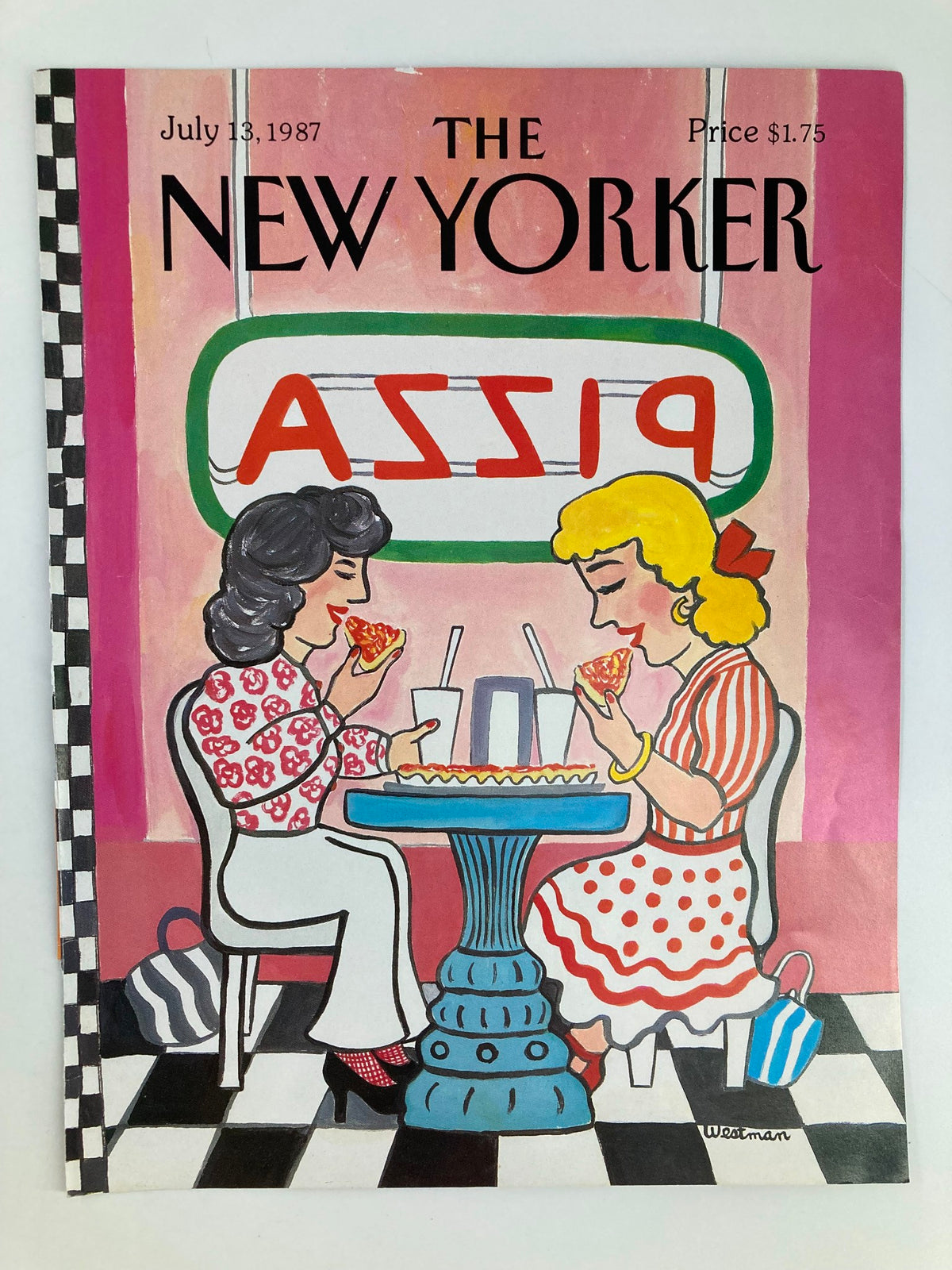 Cover of The New Yorker magazine from July 13, 1987 titled 'Ladies Pizza Day' by Barbara Westman, illustrating two women sharing pizza at a table with a playful design and bright colors.