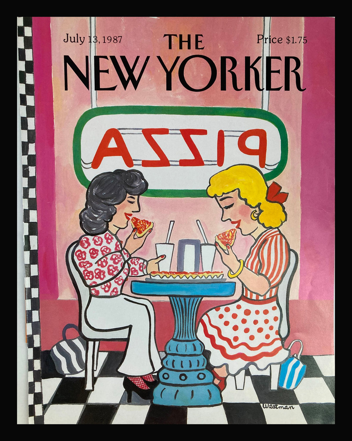 Cover of The New Yorker magazine from July 13, 1987 titled 'Ladies Pizza Day' by Barbara Westman, featuring two women enjoying pizza at a table in a vibrant, colorful setting.