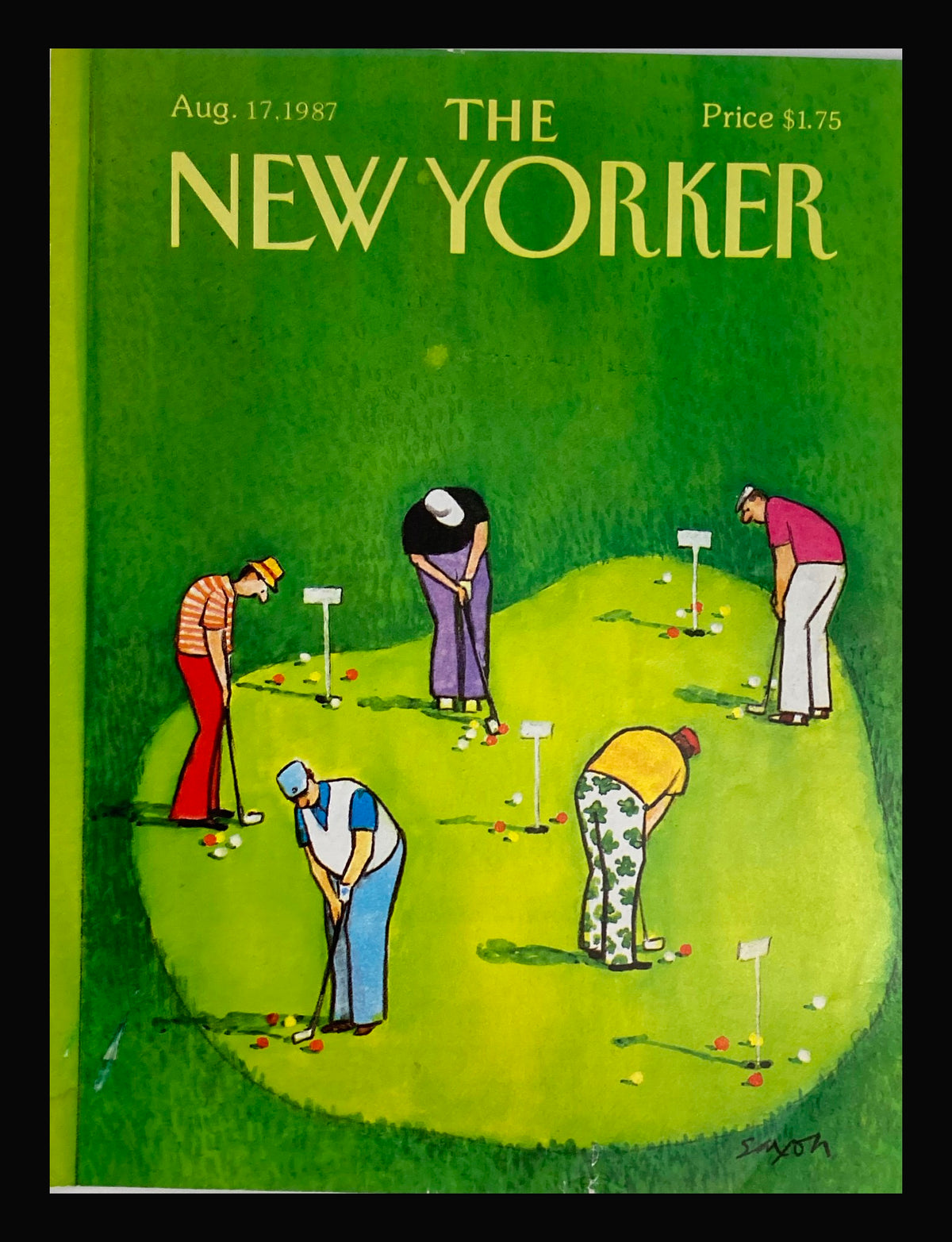 COVER ONLY The New Yorker August 17 1987 featuring an illustration of a group of golfers by Charles Saxon, showcasing a lighthearted scene of leisure and camaraderie on a green.