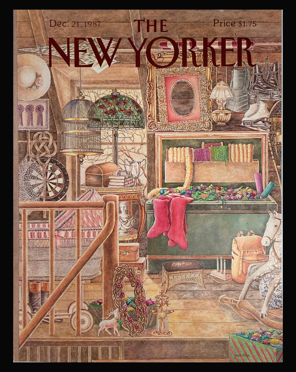 Cover art of The New Yorker dated December 21, 1987, featuring an Antique Storage Room illustration by Jenni Oliver, showcasing vintage decor and nostalgic elements.