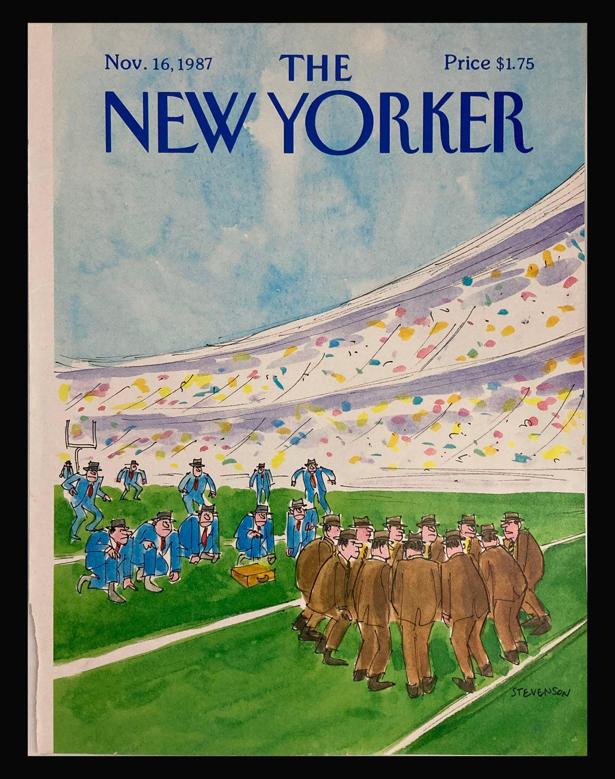 The New Yorker November 16 1987 Game Plan Cover by James Stevenson featuring a colorful illustration of a football scene with men in suits and uniforms on a green field, showcasing the magazine's iconic visual style.