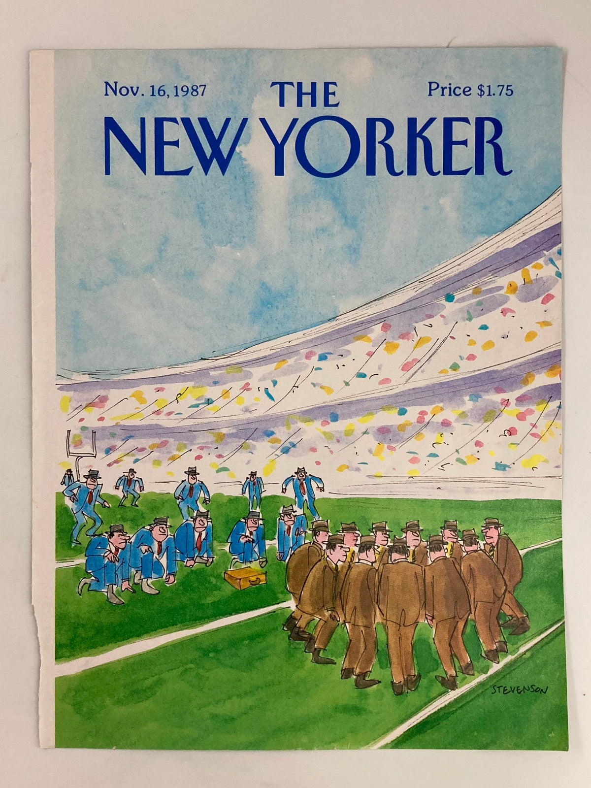 The New Yorker November 16 1987 Game Plan Cover by James Stevenson displaying a whimsical depiction of a football game with players and coaches, perfect for collectors and art enthusiasts interested in classic magazine covers.