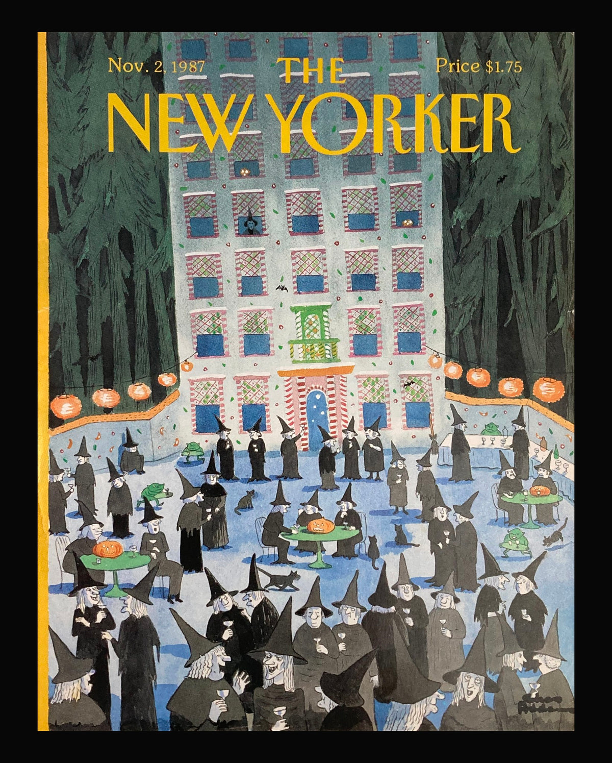 Cover of The New Yorker dated November 2, 1987, featuring a whimsical illustration by Chas Addams showcasing witches at a gathering.