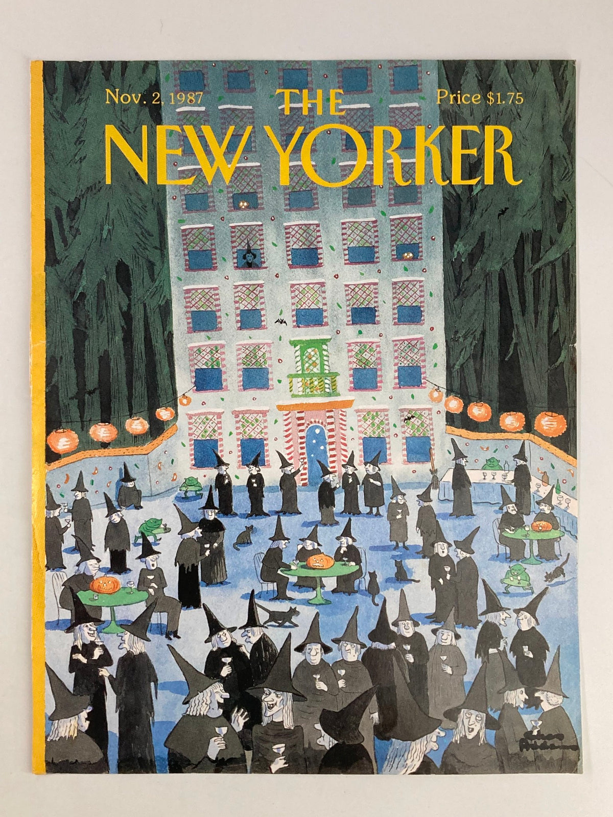 The November 2, 1987 cover of The New Yorker, illustrated by Chas Addams, depicting a Halloween scene with witches socializing outside.
