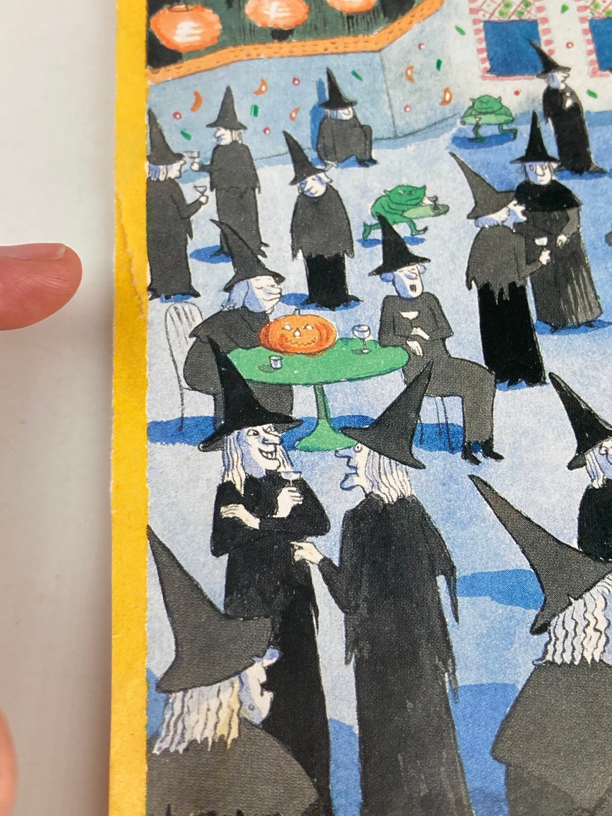 Close-up detail of the cover of The New Yorker from November 2, 1987, showing witches at a Halloween party, with a focus on a pumpkin and witches in conversation.