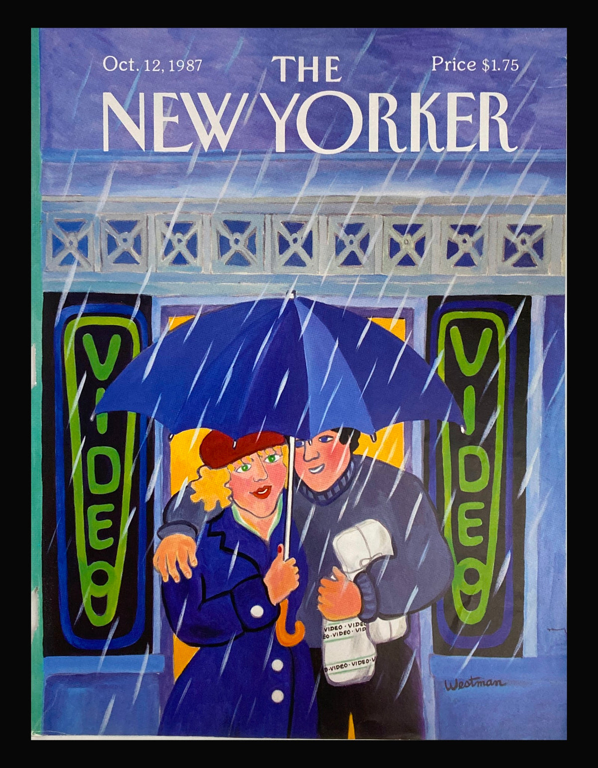 COVER ONLY of The New Yorker October 12, 1987 featuring a couple in the rain illustrated by Barbara Westman, showcasing vibrant colors and romantic ambiance.