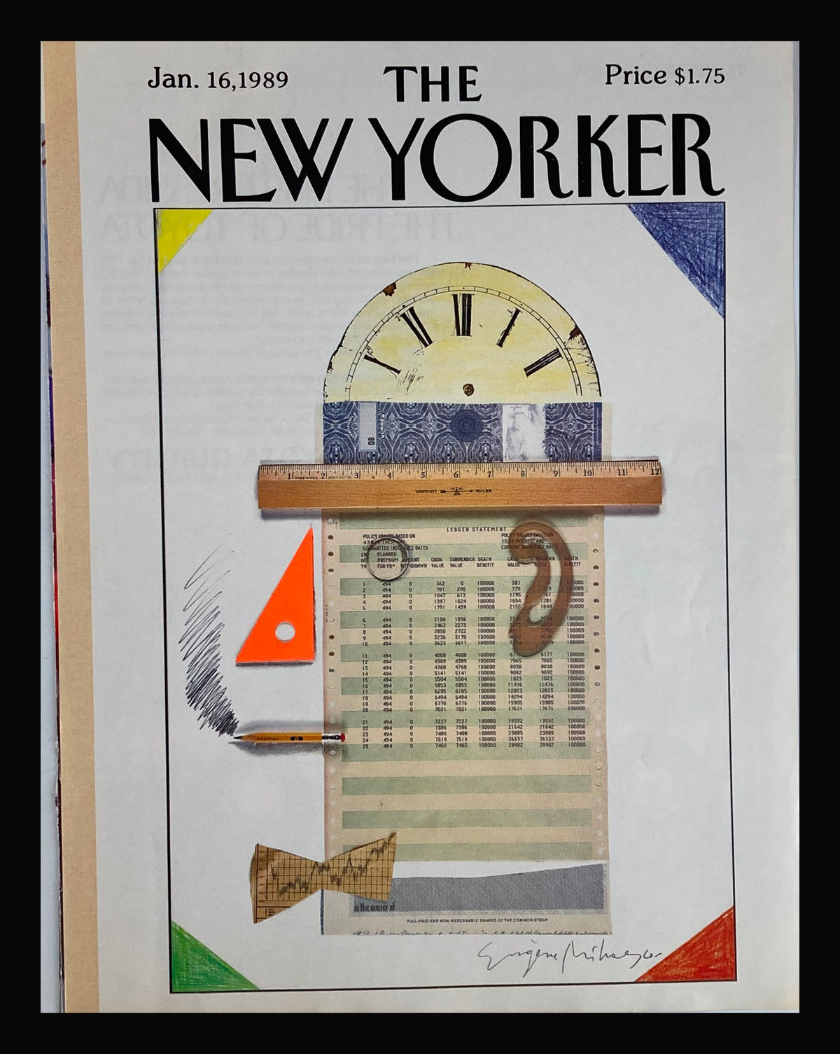 COVER ONLY The New Yorker January 16 1989 featuring a creative ledger statement design by Eugene Mihaesco with colorful geometric shapes and unique illustrations.
