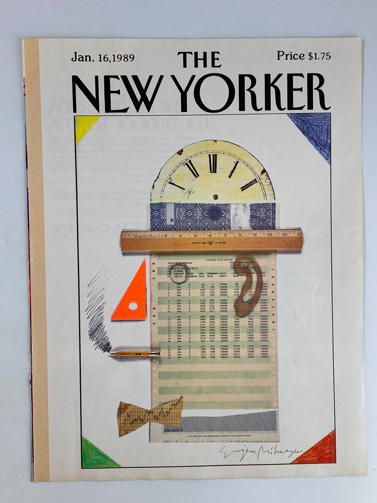 COVER ONLY The New Yorker January 16 1989 display of a ledger statement artwork by Eugene Mihaesco showcasing artistic elements and vibrant colors.