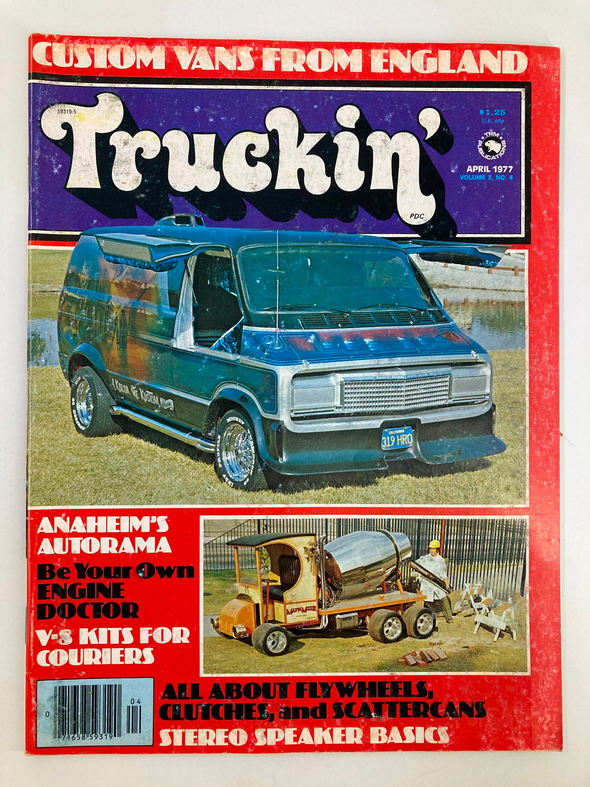 Cover of VTG Truckin' Magazine April 1977 featuring custom vans, Anaheim's Autorama, and stereo speakers.