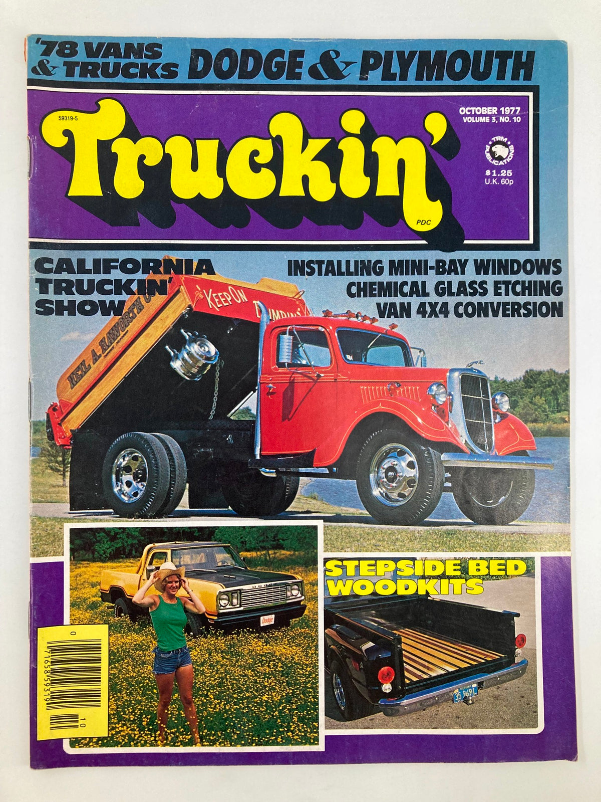 Cover of VTG Truckin Magazine October 1977 featuring articles on installing mini-bay windows, a classic truck, and customization tips for van and truck enthusiasts.