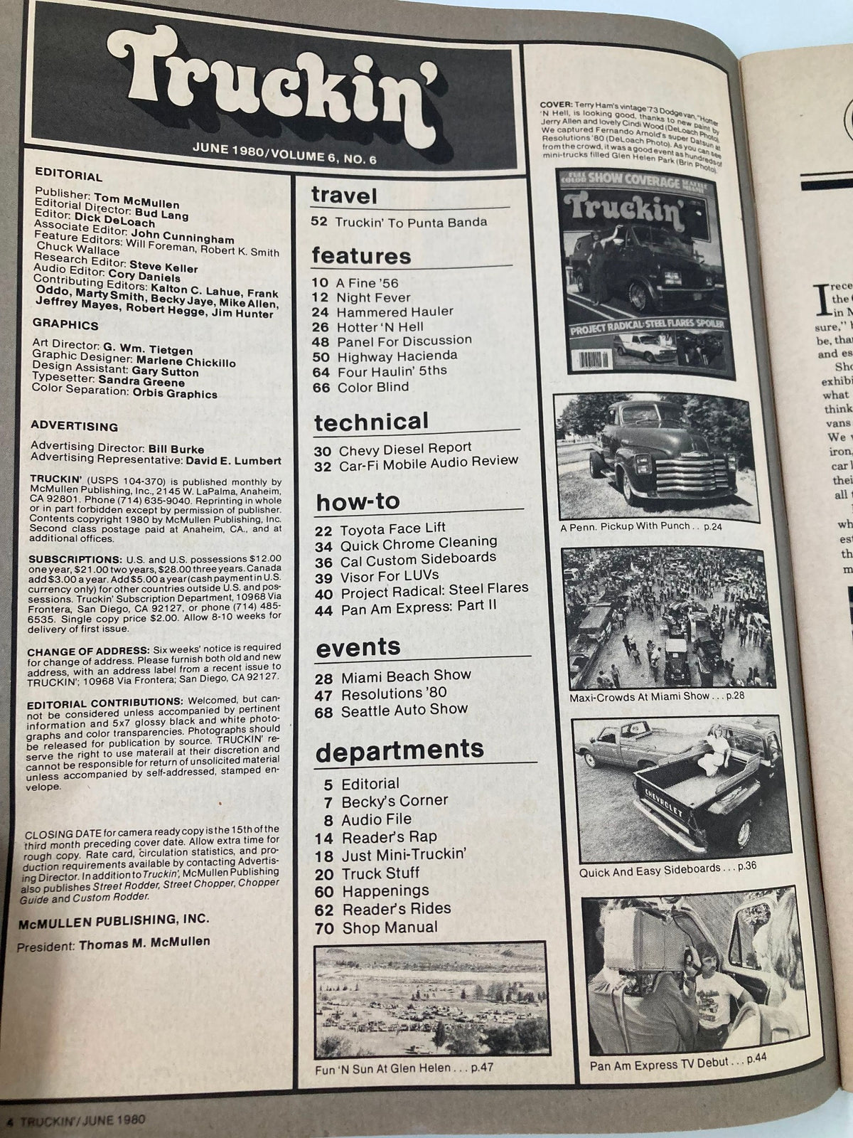 Inside page of VTG Truckin Magazine June 1980 displaying editorial content and feature listings related to the automotive culture of the era.