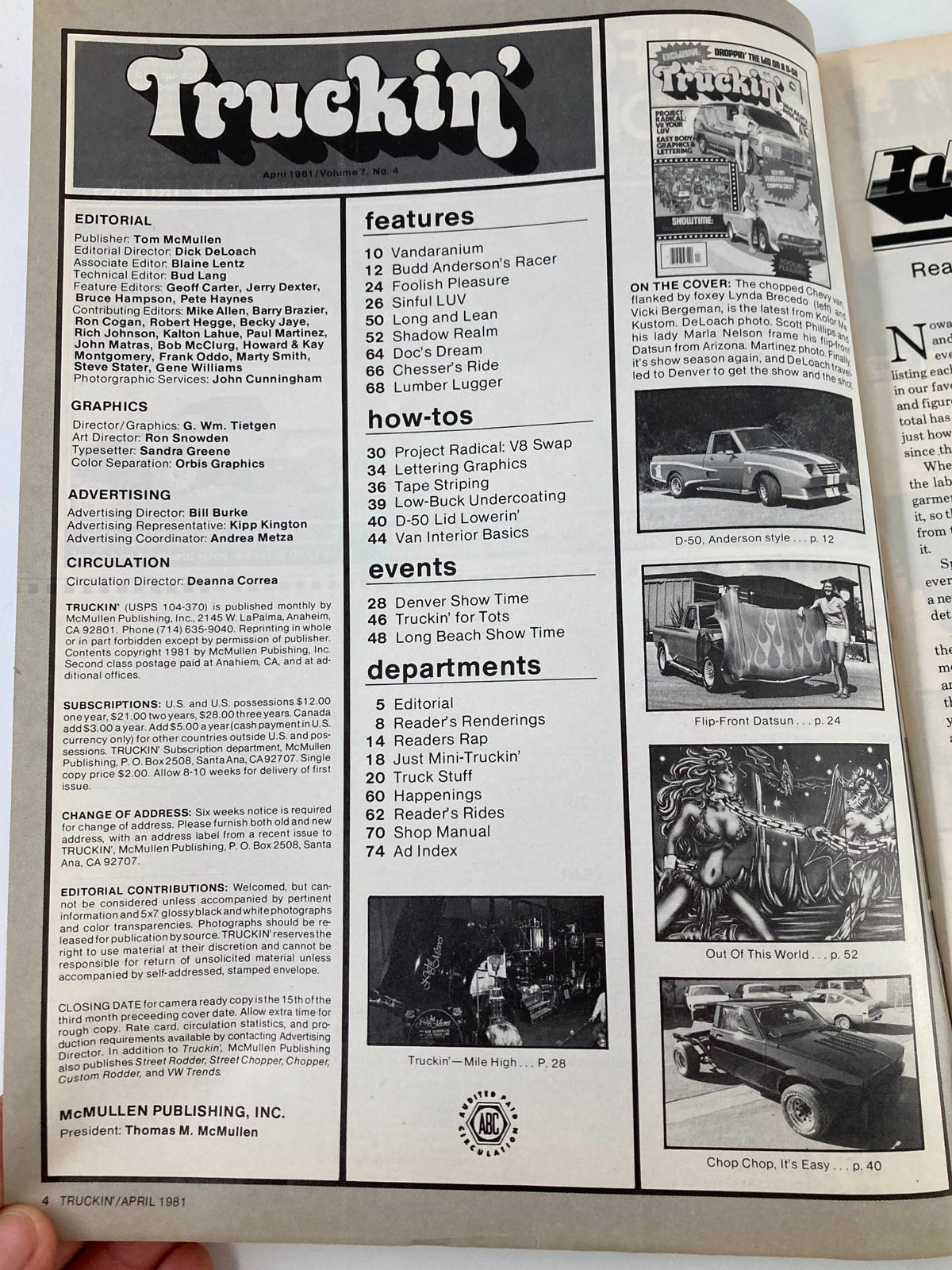 Interior page of the April 1981 Truckin' magazine displaying the table of contents, featuring articles on truck modifications, shows, and events from the trucking community.