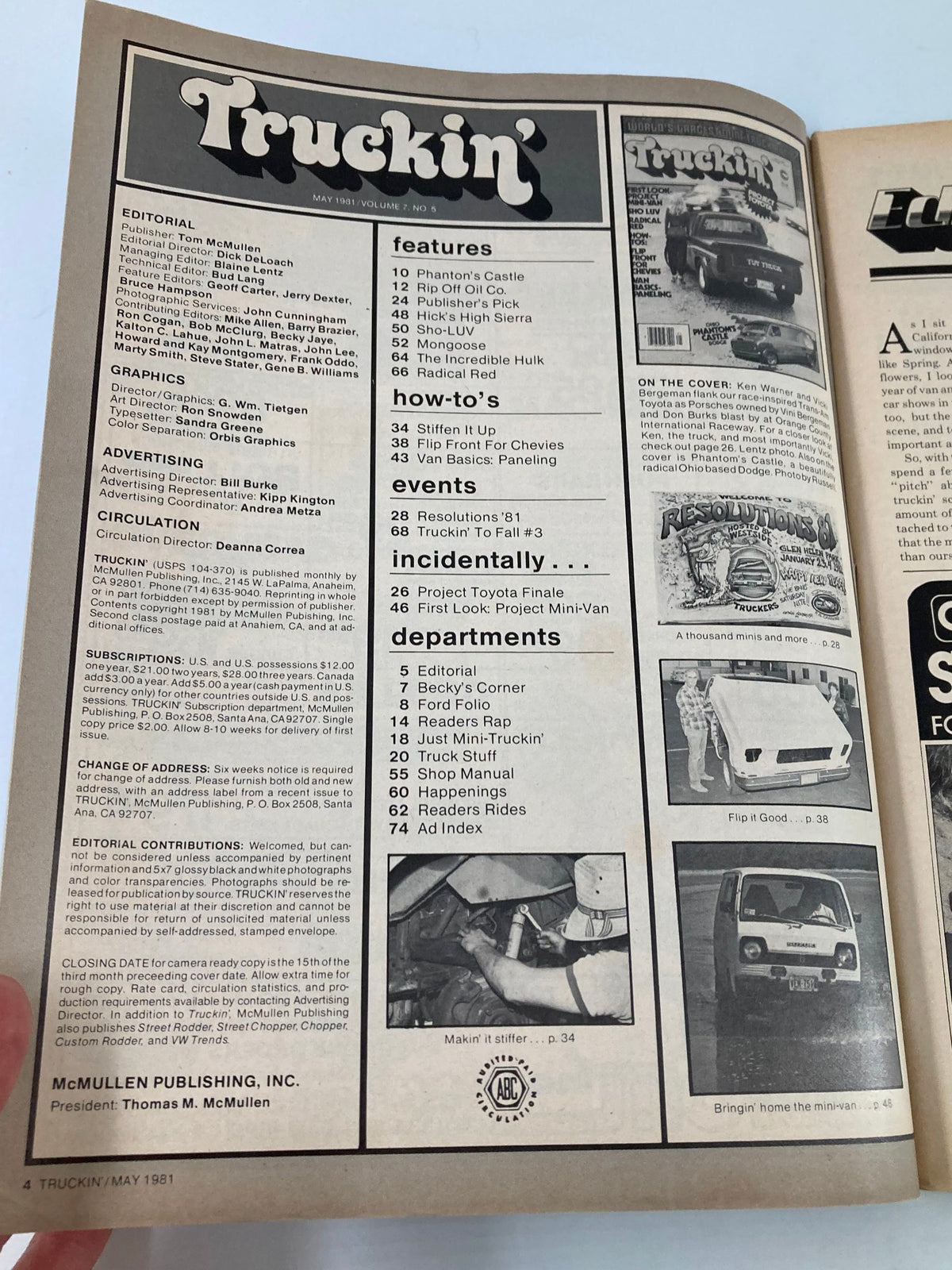 Contents page of the May 1981 Truckin' Magazine, detailing articles and features including Phantom's Castle and Project Mini-Van, enhancing the magazine's historical significance in trucking culture.