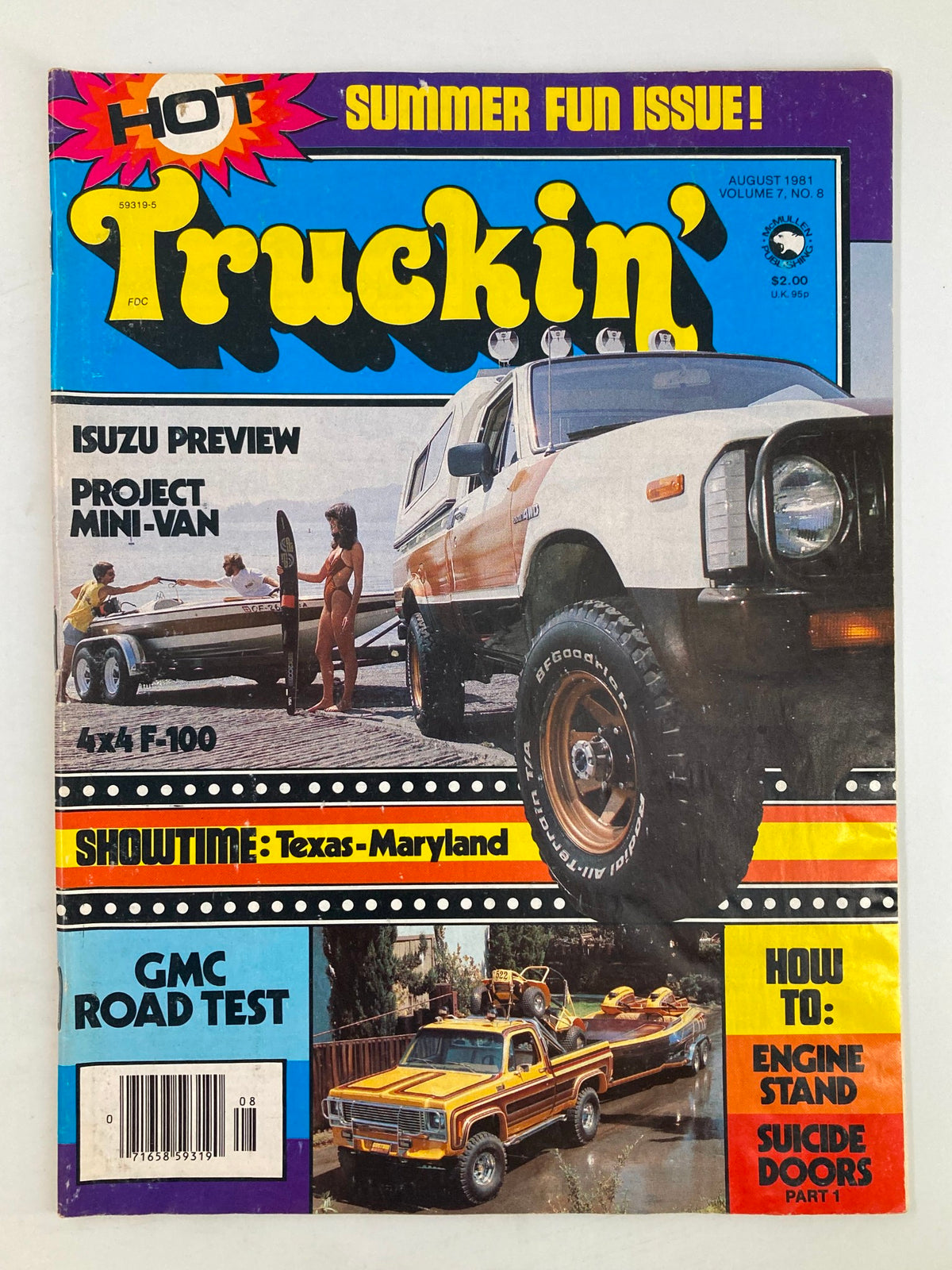 Cover of VTG Truckin Magazine August 1981 featuring a bright design with vintage trucks, bikini-clad beachgoers, and highlighted features like Isuzu preview and GMC road test.