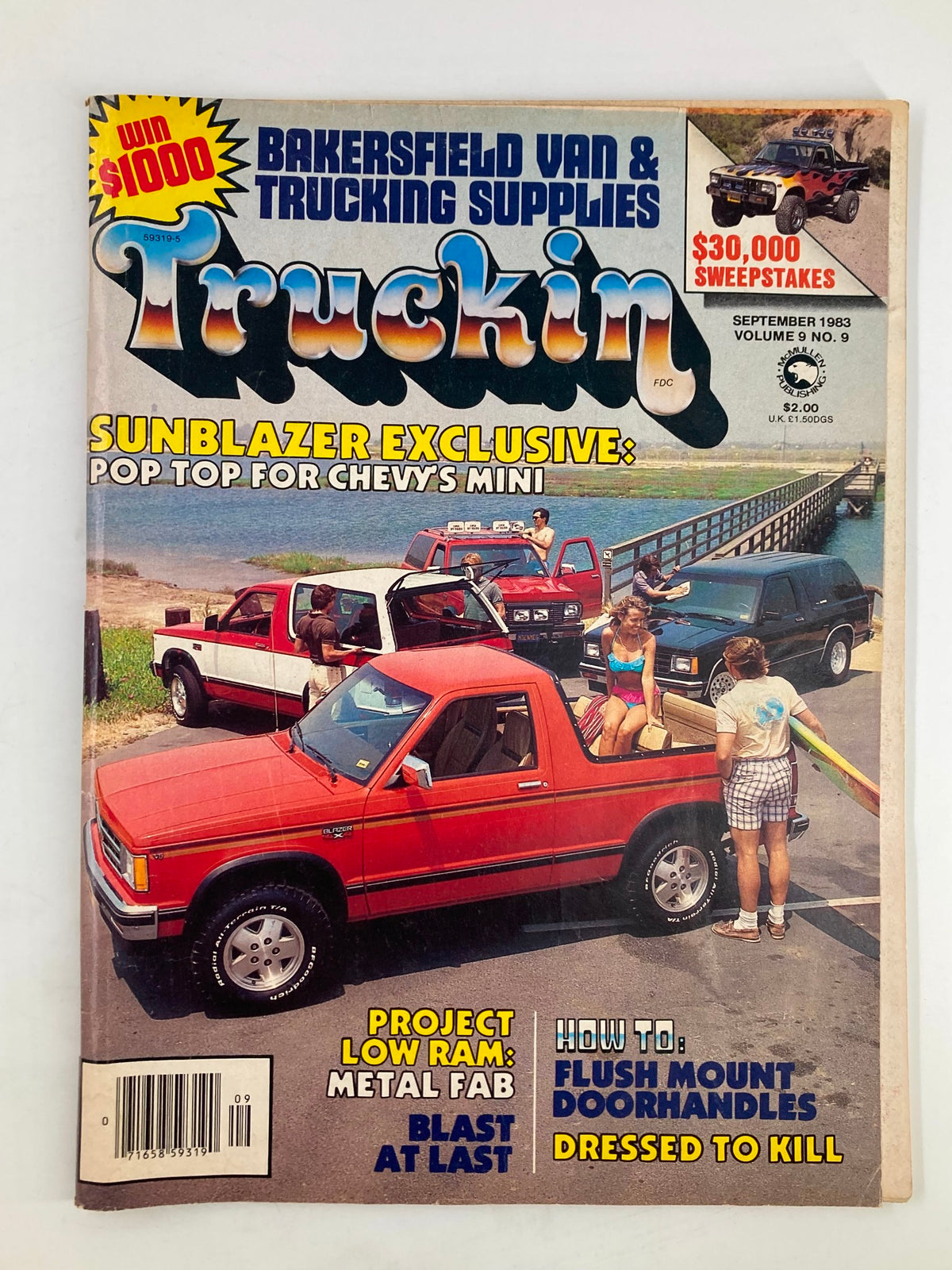 Cover of VTG Truckin Magazine September 1983 featuring the Convertible Blazer by Flint Systems, showcasing a vibrant red truck and scenic backdrop, includes win a $1000 sweepstakes promotion.