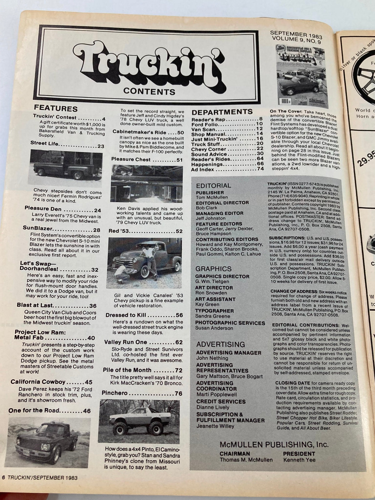 Contents page of VTG Truckin Magazine September 1983, outlining features and departments, including articles on the Convertible Blazer and other automotive topics.