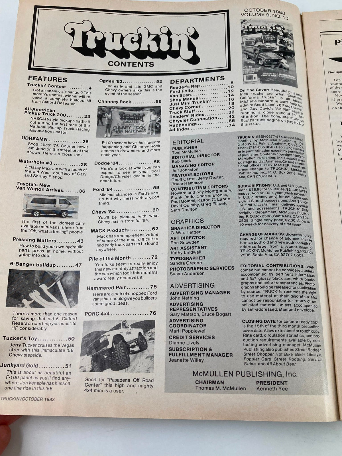 Contents page of Vintage Truckin' Magazine October 1983, highlighting various features and departments including articles related to trucks and automotive culture.