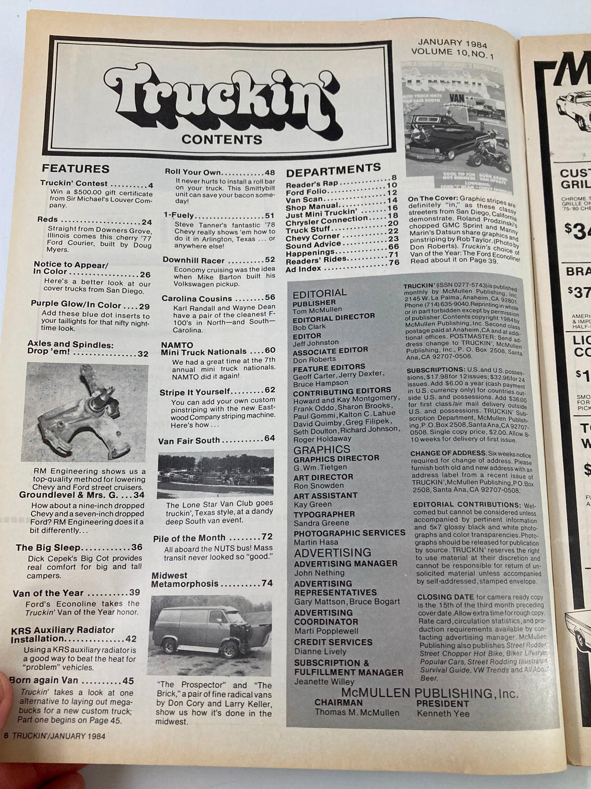Truckin Magazine January 1984 showing the contents page, highlighting features and departments related to truck customization and automotive culture.